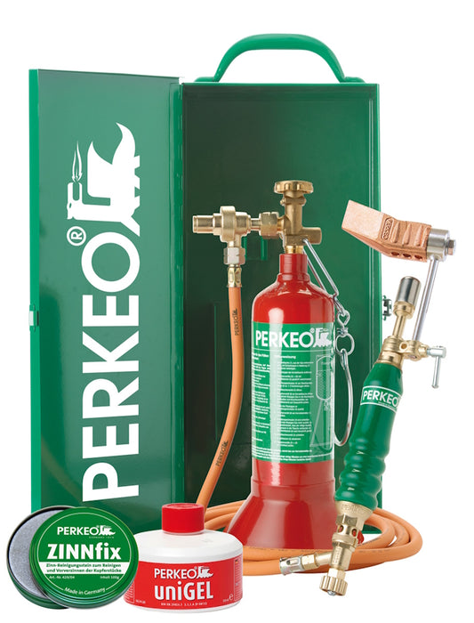 PERKEO EASYBOX Original Weichlötanlage im Set mit Transport-Stahlblechkasten nach GGVS/ADR und neuem LOCKDOWN24-Kupferstück sowie ZINNFIX, UNIGEL und PERKEO-Cap